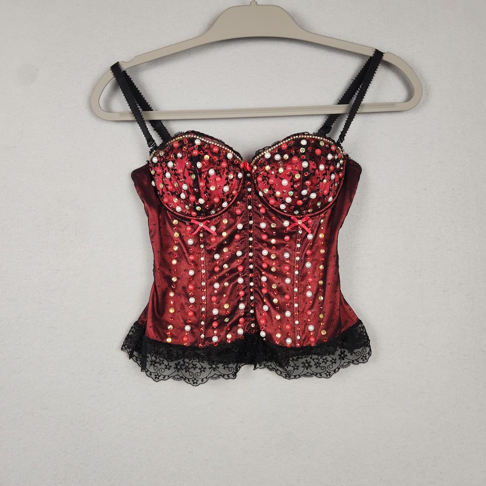 Affinitas Intimates Bustier Corset Top Womens 32C Red Black Lace Rhinestone - Picture 1 of 16